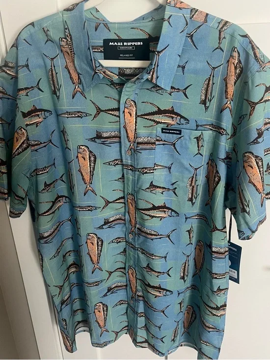 👉 Maui Rippers Aloha Shirt XL Blue Fish Print Hawaiian Button Up Gamefish NWT - Picture 2 of 9
